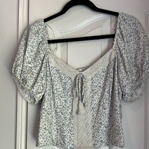 Sienna Sky Blue and cream  Puff Sleeve Blouse